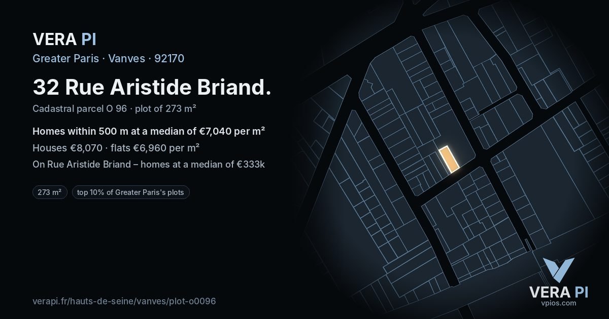 32 Rue Aristide Briand, Vanves at night – the plot lit, the parcels around coloured by the prices near them