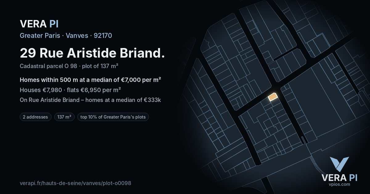 29 Rue Aristide Briand, Vanves at night – the plot lit, the parcels around coloured by the prices near them