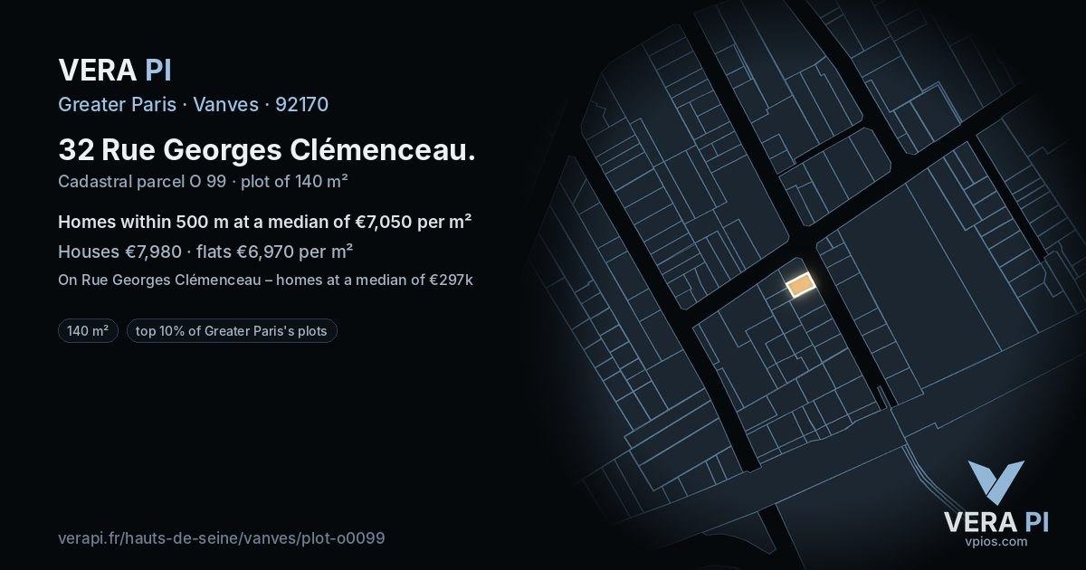 32 Rue Georges Clémenceau, Vanves at night – the plot lit, the parcels around coloured by the prices near them