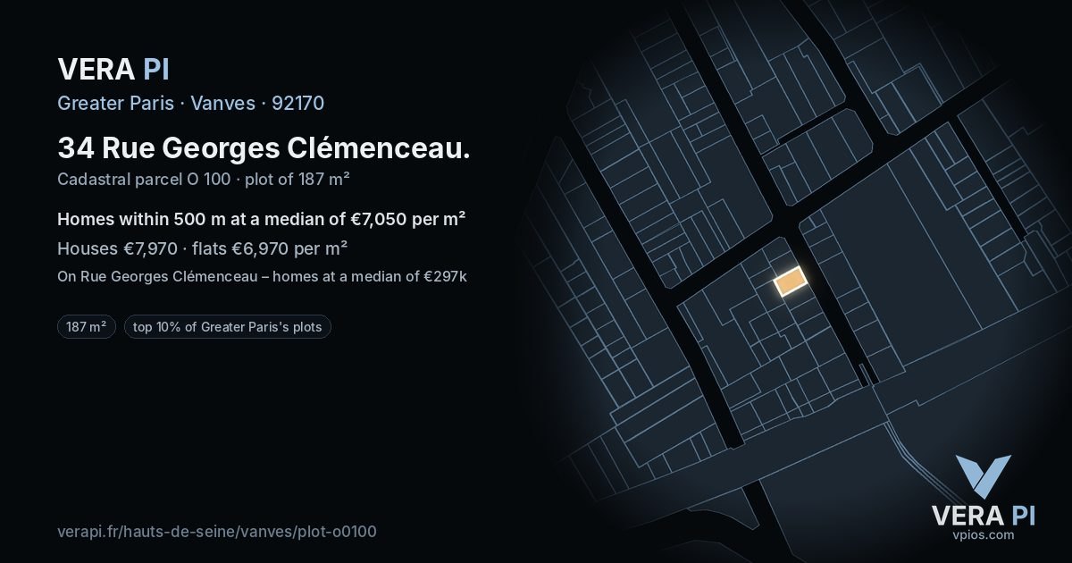 34 Rue Georges Clémenceau, Vanves at night – the plot lit, the parcels around coloured by the prices near them
