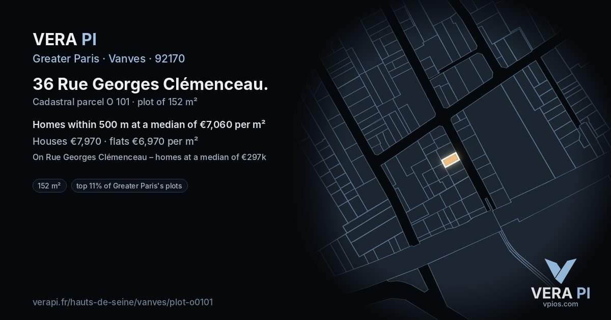 36 Rue Georges Clémenceau, Vanves at night – the plot lit, the parcels around coloured by the prices near them