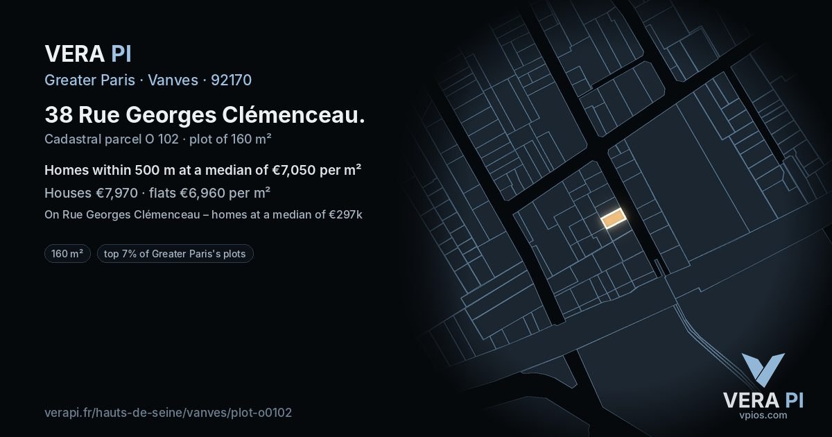 38 Rue Georges Clémenceau, Vanves at night – the plot lit, the parcels around coloured by the prices near them