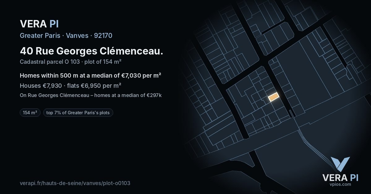 40 Rue Georges Clémenceau, Vanves at night – the plot lit, the parcels around coloured by the prices near them