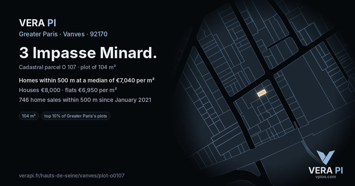 3 Impasse Minard, Vanves at night – the plot lit, the parcels around coloured by the prices near them