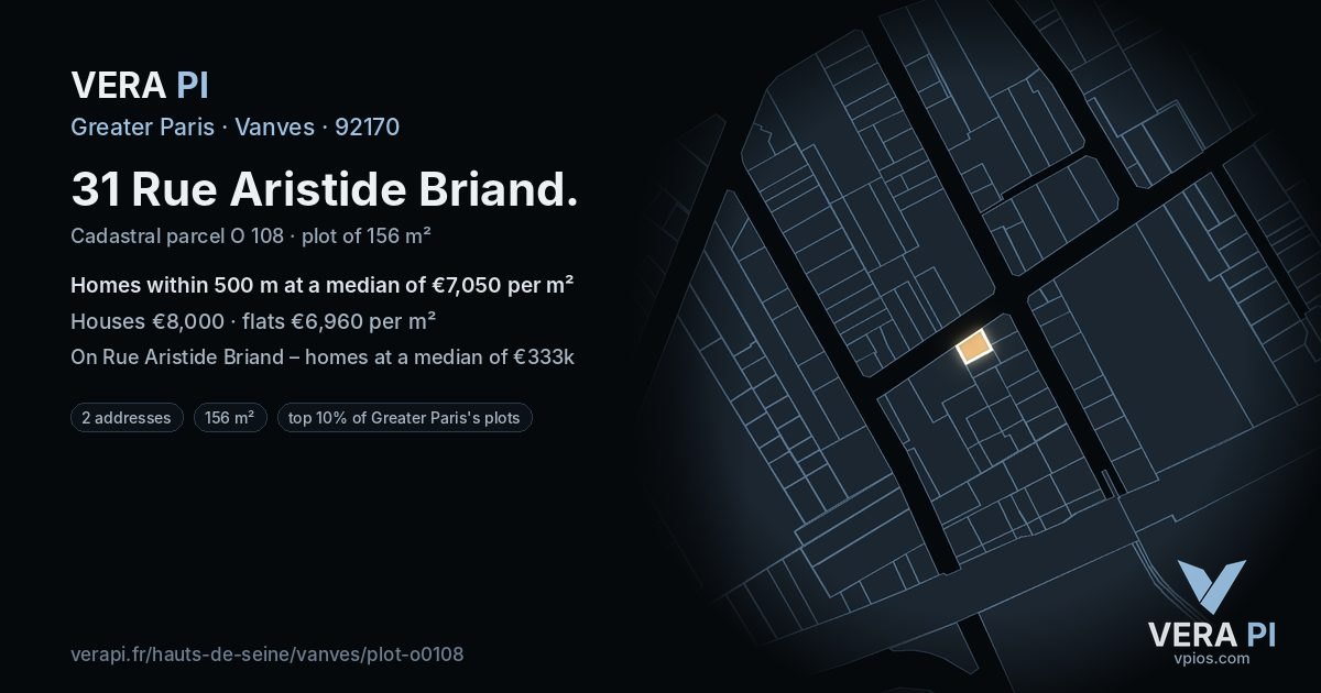 31 Rue Aristide Briand, Vanves at night – the plot lit, the parcels around coloured by the prices near them