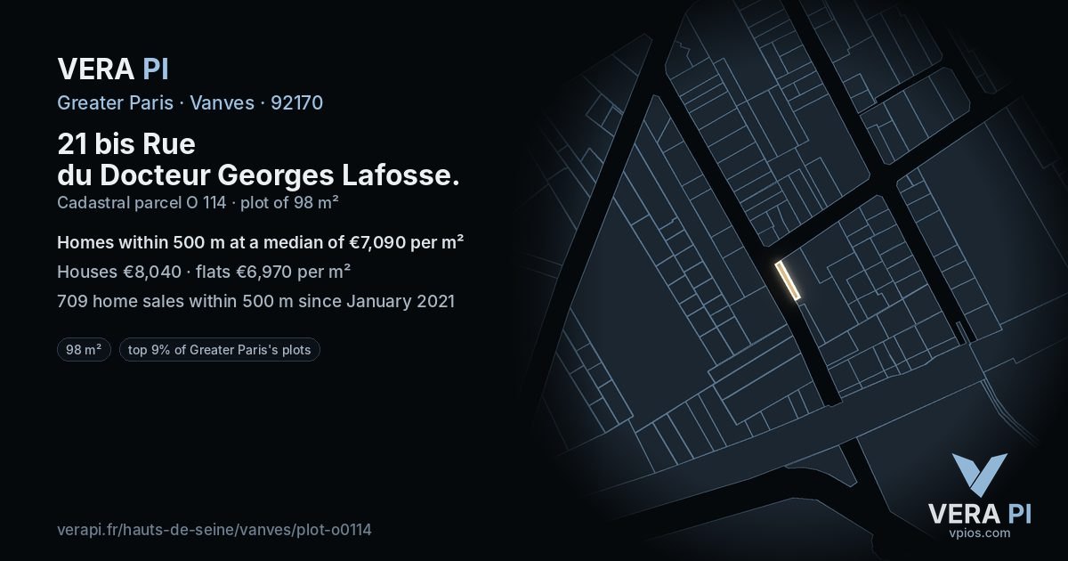 21 bis Rue du Docteur Georges Lafosse, Vanves at night – the plot lit, the parcels around coloured by the prices near them