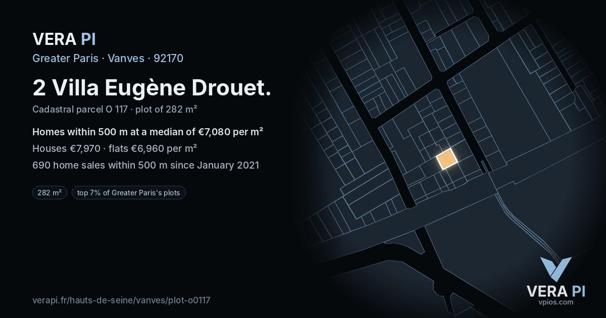 2 Villa Eugène Drouet, Vanves at night – the plot lit, the parcels around coloured by the prices near them