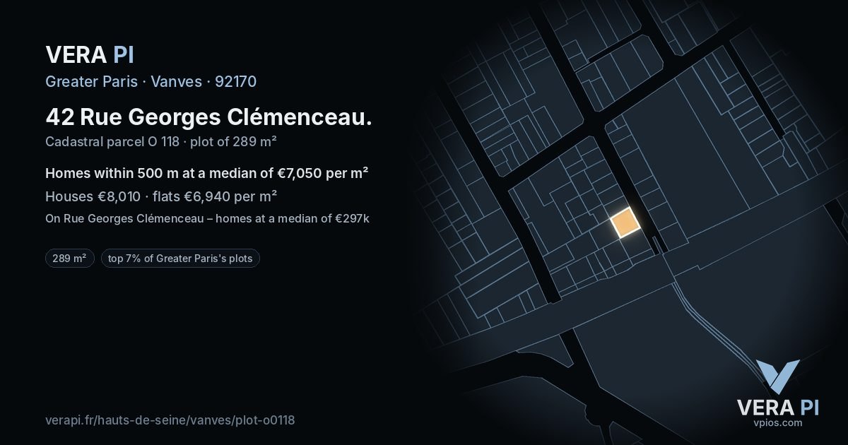 42 Rue Georges Clémenceau, Vanves at night – the plot lit, the parcels around coloured by the prices near them