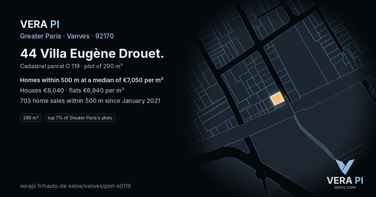 44 Villa Eugène Drouet, Vanves at night – the plot lit, the parcels around coloured by the prices near them