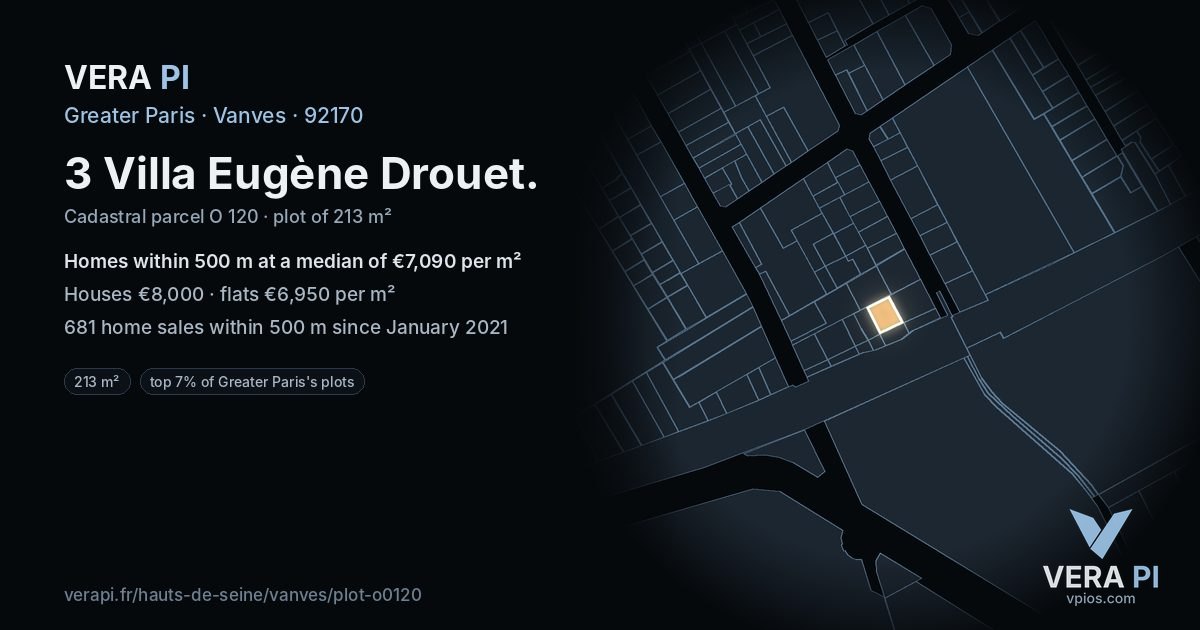 3 Villa Eugène Drouet, Vanves at night – the plot lit, the parcels around coloured by the prices near them