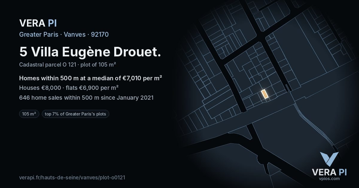 5 Villa Eugène Drouet, Vanves at night – the plot lit, the parcels around coloured by the prices near them