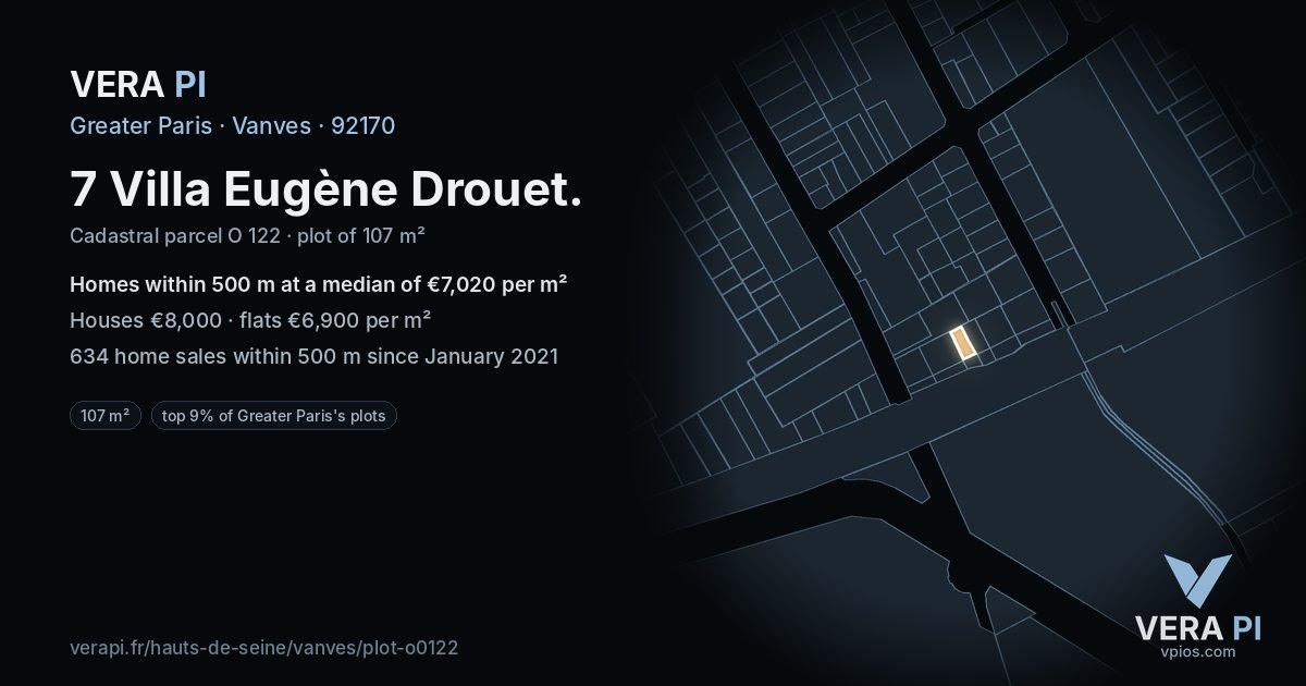 7 Villa Eugène Drouet, Vanves at night – the plot lit, the parcels around coloured by the prices near them