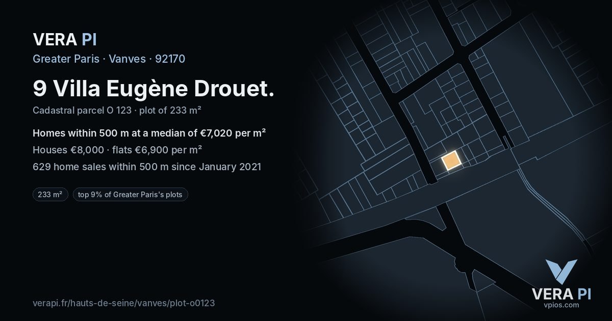 9 Villa Eugène Drouet, Vanves at night – the plot lit, the parcels around coloured by the prices near them