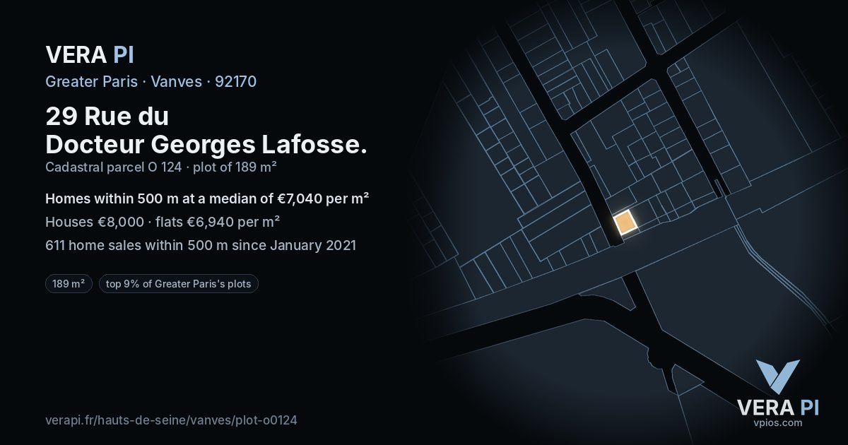 29 Rue du Docteur Georges Lafosse, Vanves at night – the plot lit, the parcels around coloured by the prices near them