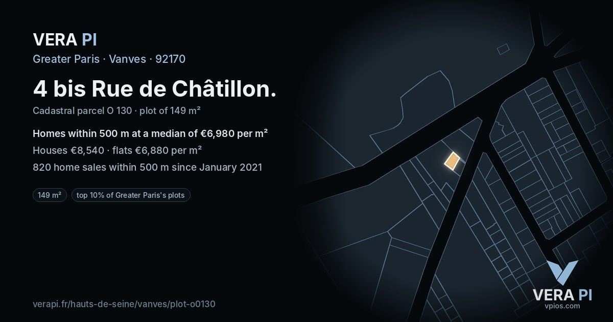 4 bis Rue de Châtillon, Vanves at night – the plot lit, the parcels around coloured by the prices near them