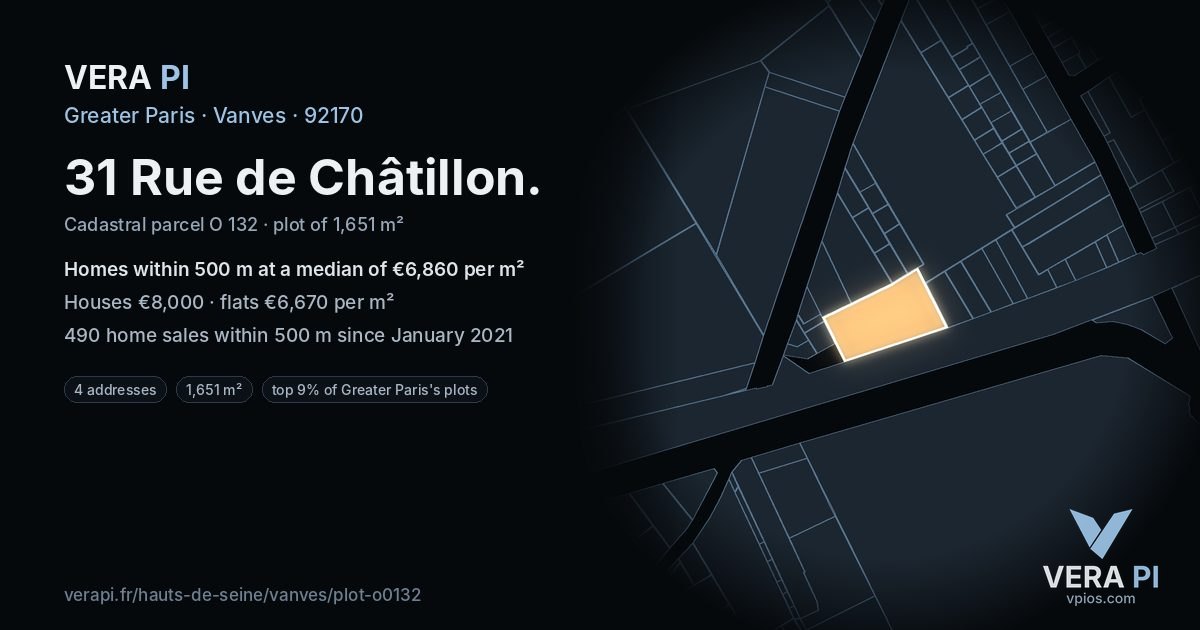 31 Rue de Châtillon, Vanves at night – the plot lit, the parcels around coloured by the prices near them