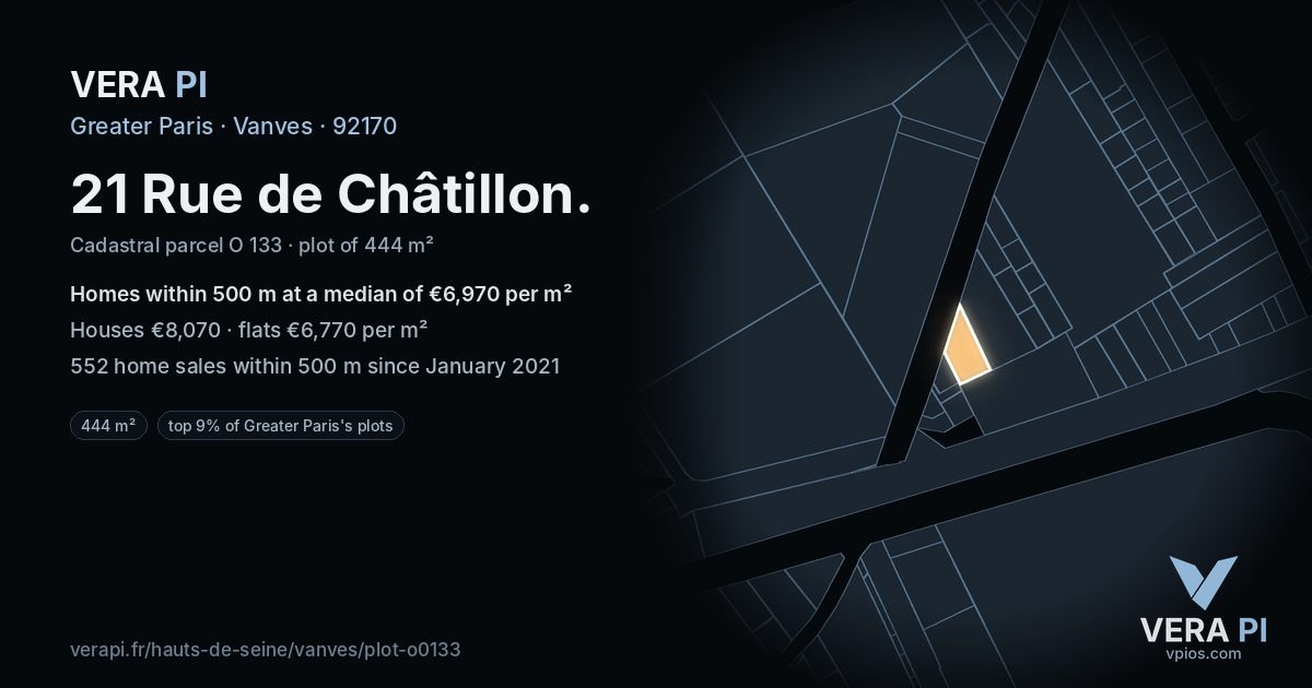 21 Rue de Châtillon, Vanves at night – the plot lit, the parcels around coloured by the prices near them