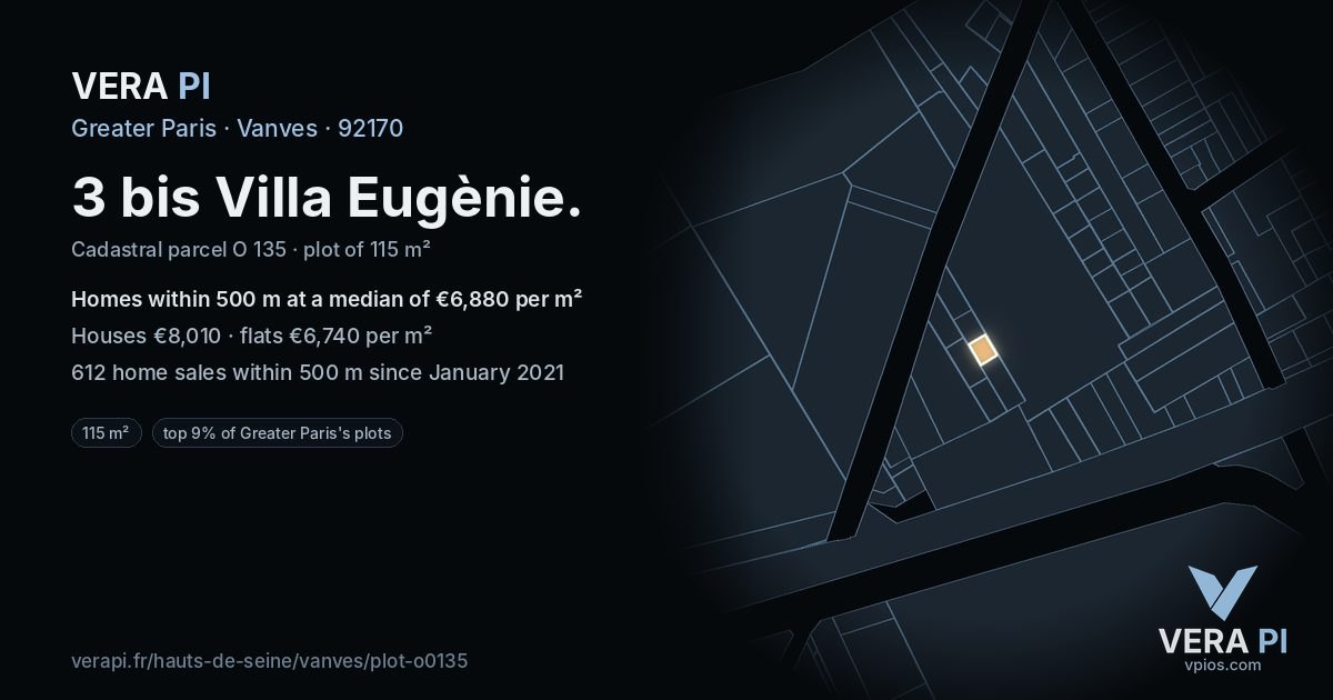 3 bis Villa Eugènie, Vanves at night – the plot lit, the parcels around coloured by the prices near them