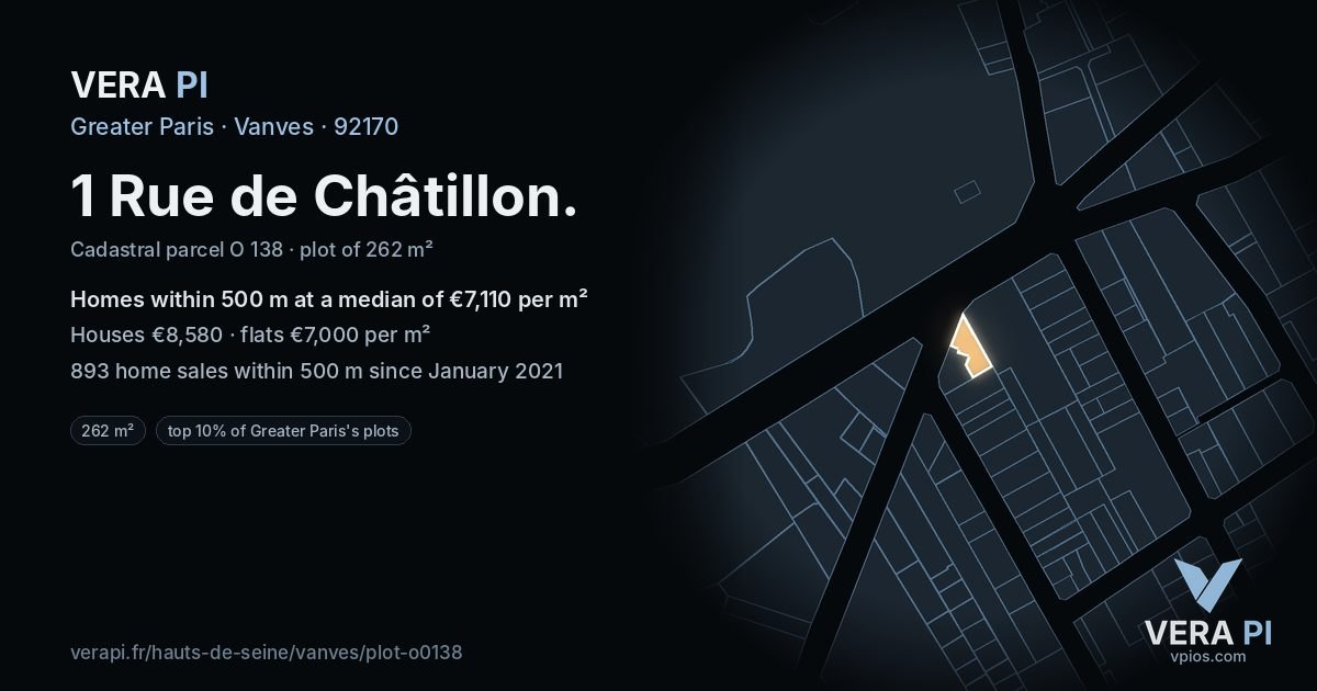 1 Rue de Châtillon, Vanves at night – the plot lit, the parcels around coloured by the prices near them