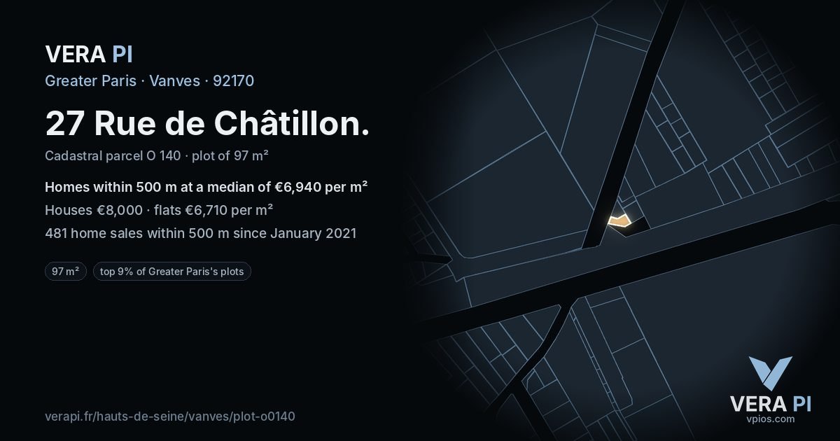 27 Rue de Châtillon, Vanves at night – the plot lit, the parcels around coloured by the prices near them