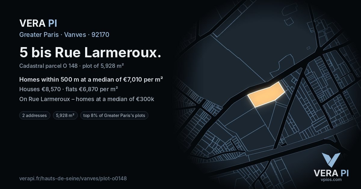 5 bis Rue Larmeroux, Vanves at night – the plot lit, the parcels around coloured by the prices near them