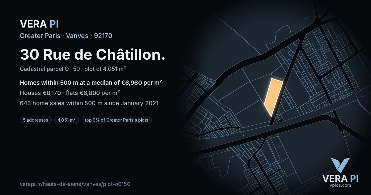 30 Rue de Châtillon, Vanves at night – the plot lit, the parcels around coloured by the prices near them