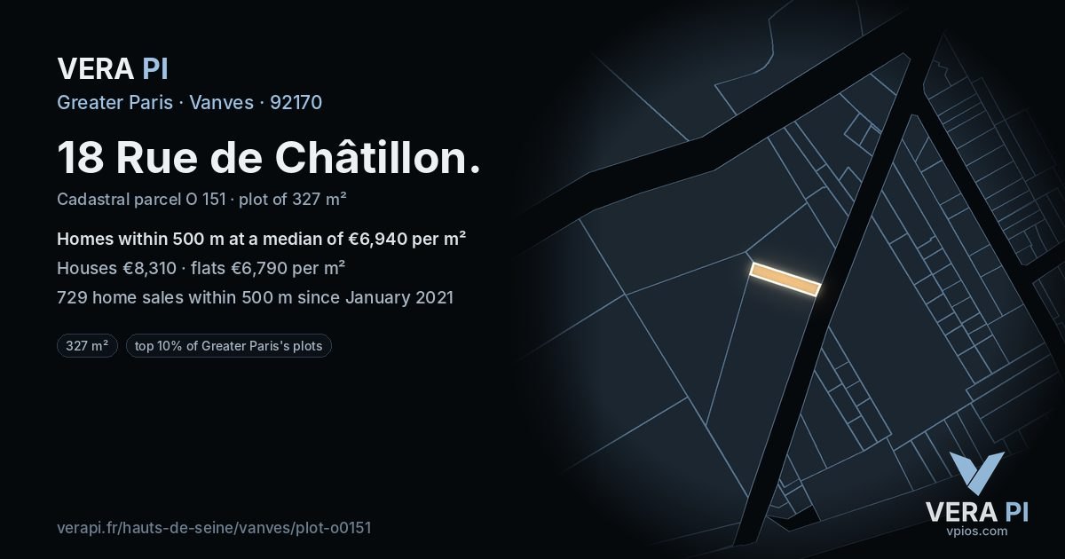 18 Rue de Châtillon, Vanves at night – the plot lit, the parcels around coloured by the prices near them