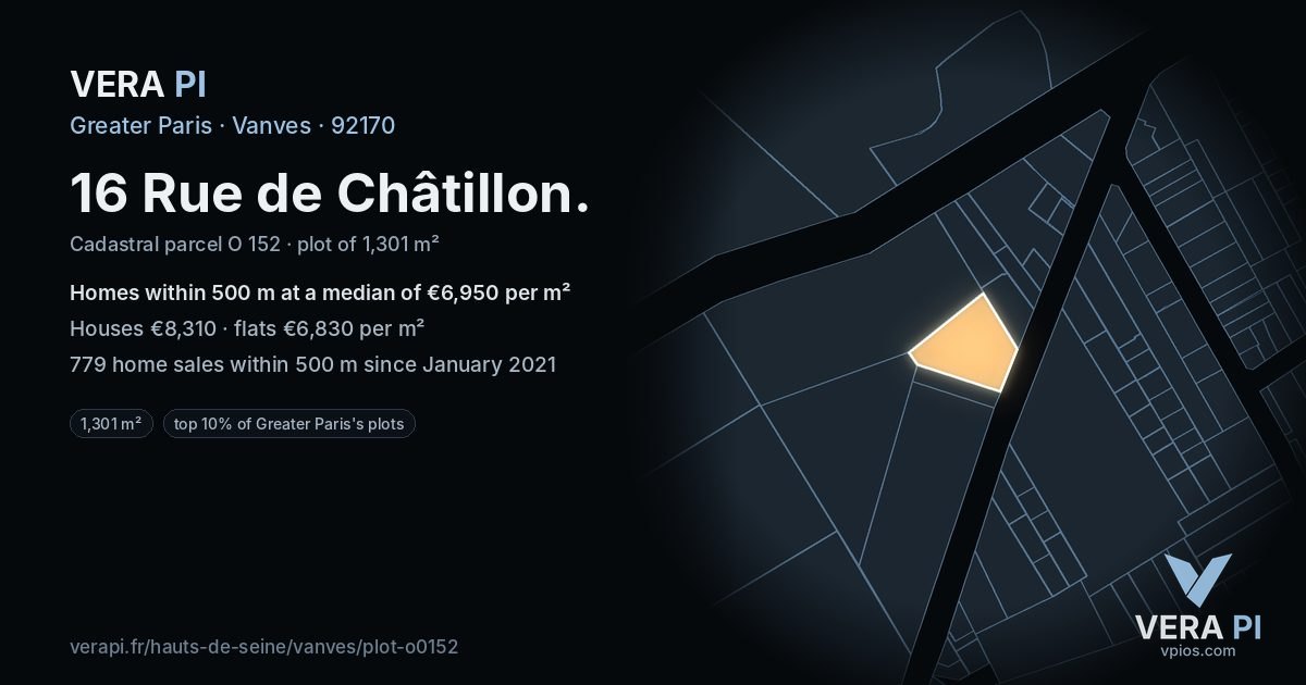 16 Rue de Châtillon, Vanves at night – the plot lit, the parcels around coloured by the prices near them