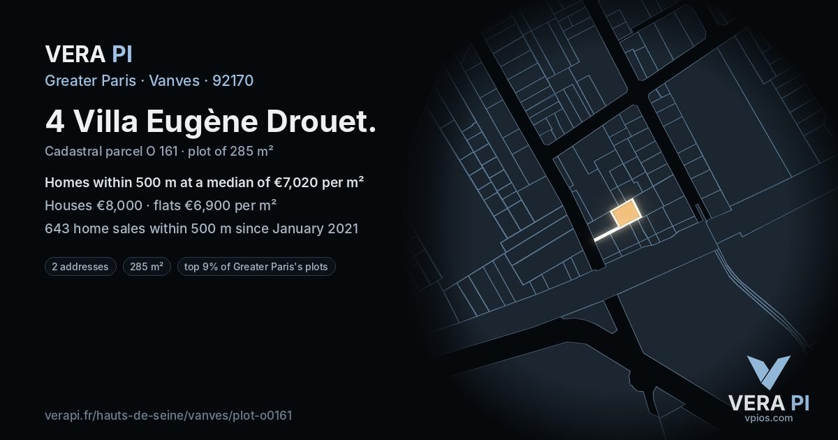 4 Villa Eugène Drouet, Vanves at night – the plot lit, the parcels around coloured by the prices near them