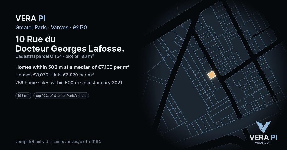 10 Rue du Docteur Georges Lafosse, Vanves at night – the plot lit, the parcels around coloured by the prices near them