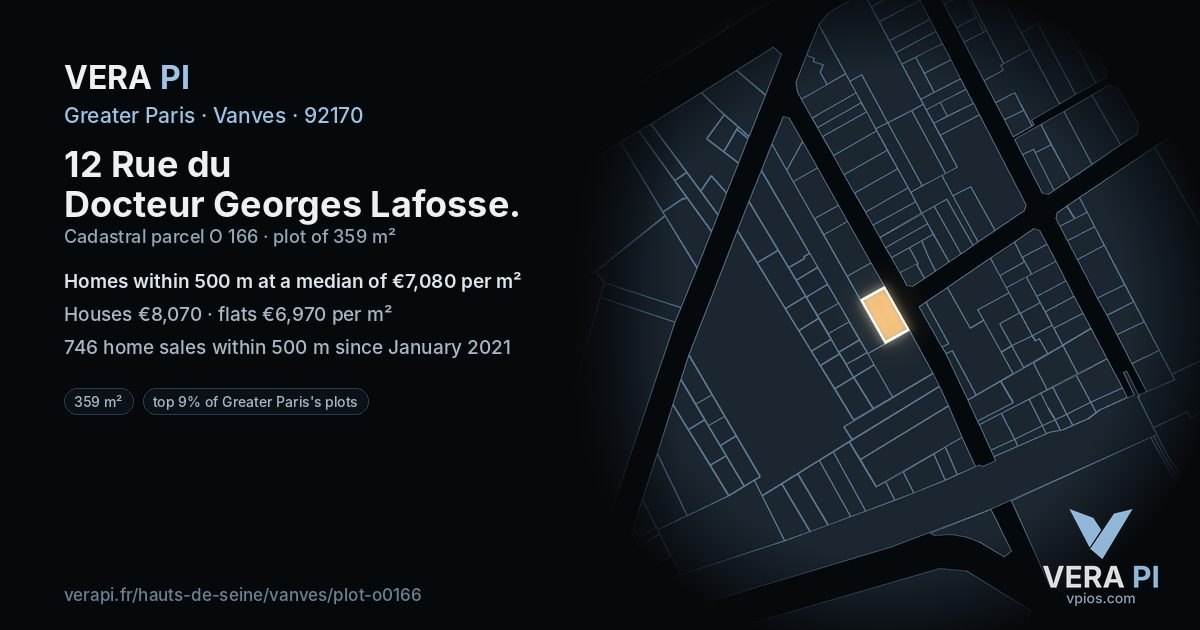 12 Rue du Docteur Georges Lafosse, Vanves at night – the plot lit, the parcels around coloured by the prices near them