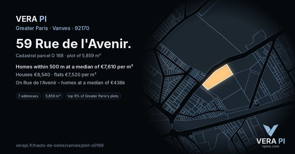 59 Rue de l'Avenir, Vanves at night – the plot lit, the parcels around coloured by the prices near them