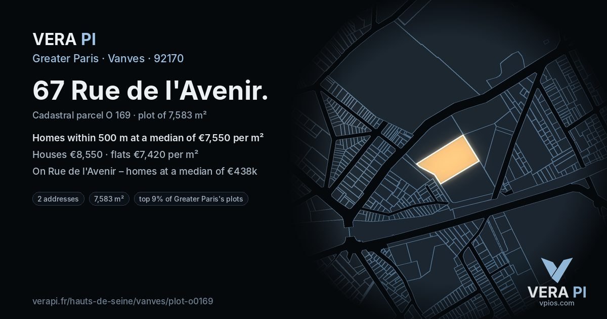 67 Rue de l'Avenir, Vanves at night – the plot lit, the parcels around coloured by the prices near them
