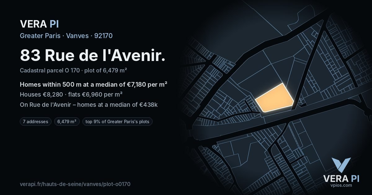 83 Rue de l'Avenir, Vanves at night – the plot lit, the parcels around coloured by the prices near them