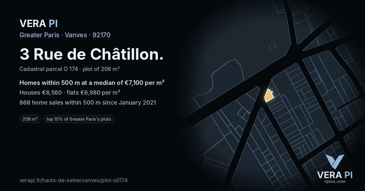 3 Rue de Châtillon, Vanves at night – the plot lit, the parcels around coloured by the prices near them