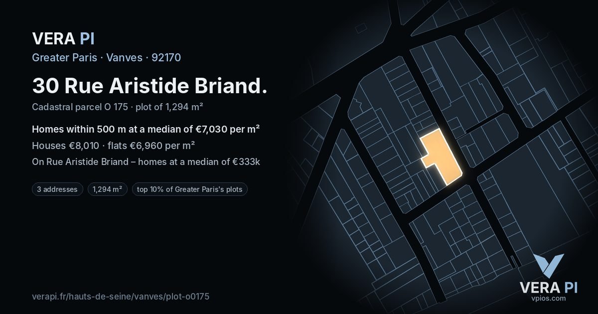 30 Rue Aristide Briand, Vanves at night – the plot lit, the parcels around coloured by the prices near them