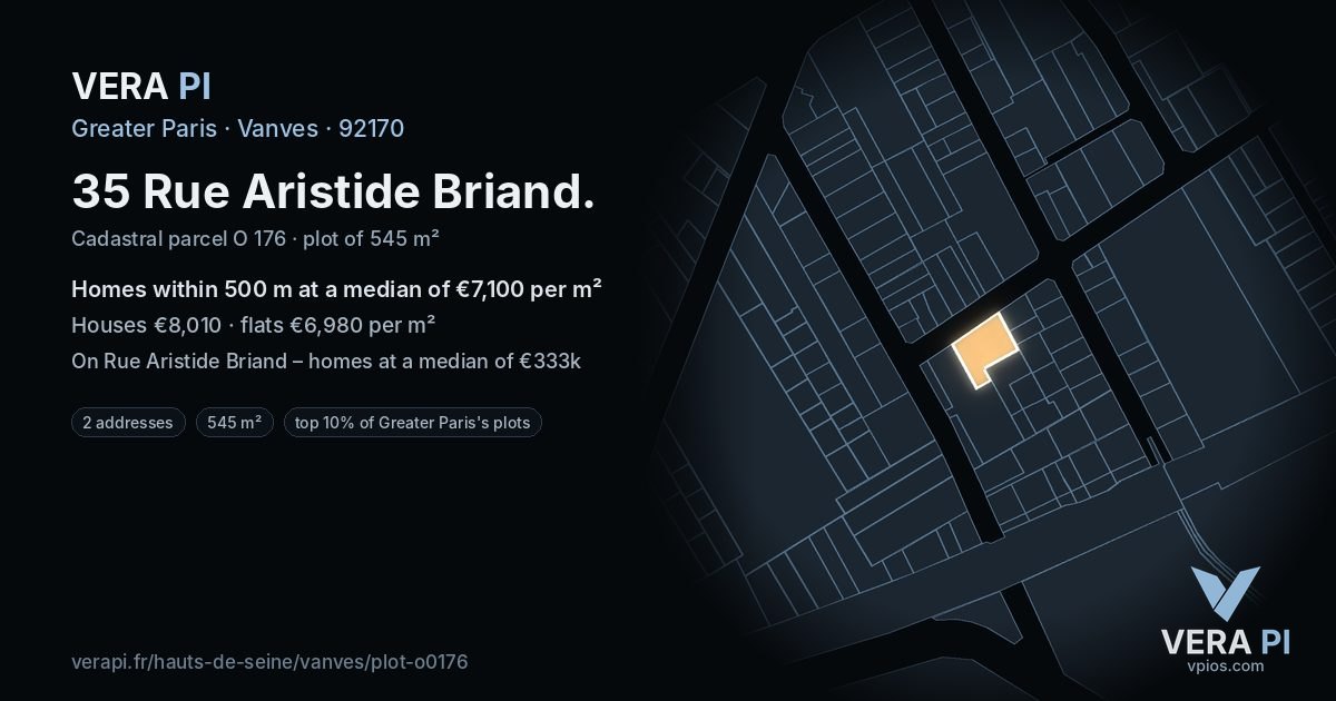 35 Rue Aristide Briand, Vanves at night – the plot lit, the parcels around coloured by the prices near them