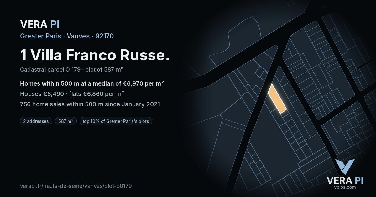1 Villa Franco Russe, Vanves at night – the plot lit, the parcels around coloured by the prices near them