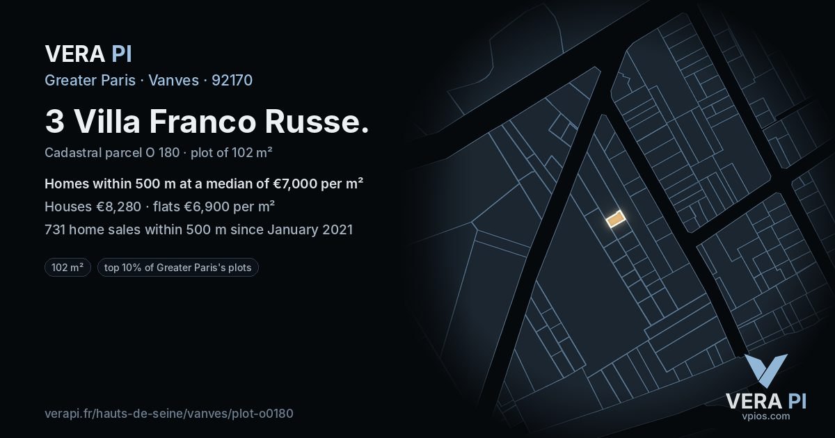 3 Villa Franco Russe, Vanves at night – the plot lit, the parcels around coloured by the prices near them