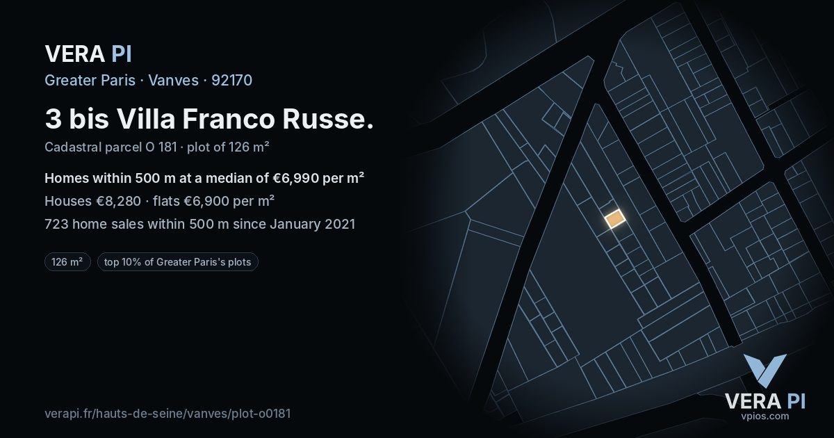 3 bis Villa Franco Russe, Vanves at night – the plot lit, the parcels around coloured by the prices near them