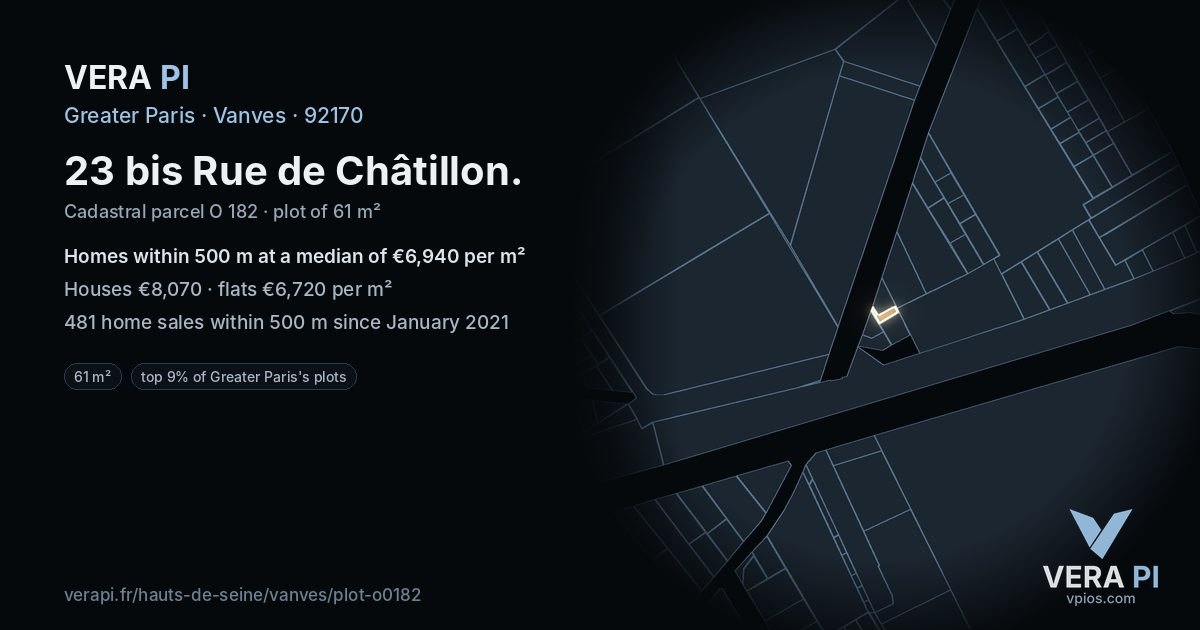 23 bis Rue de Châtillon, Vanves at night – the plot lit, the parcels around coloured by the prices near them