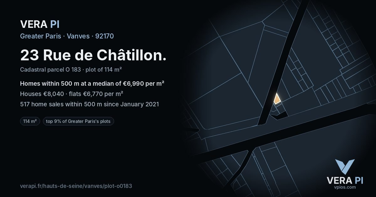 23 Rue de Châtillon, Vanves at night – the plot lit, the parcels around coloured by the prices near them