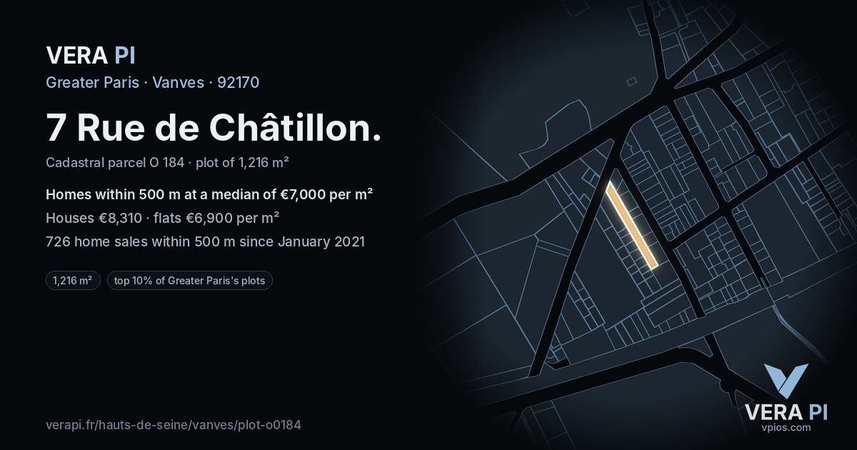 7 Rue de Châtillon, Vanves at night – the plot lit, the parcels around coloured by the prices near them