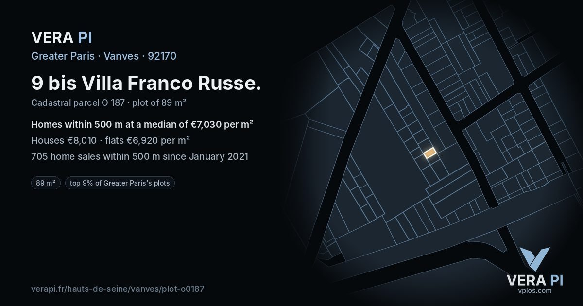 9 bis Villa Franco Russe, Vanves at night – the plot lit, the parcels around coloured by the prices near them