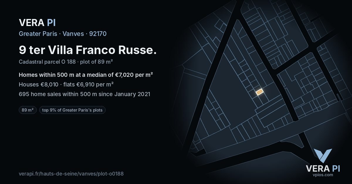 9 ter Villa Franco Russe, Vanves at night – the plot lit, the parcels around coloured by the prices near them