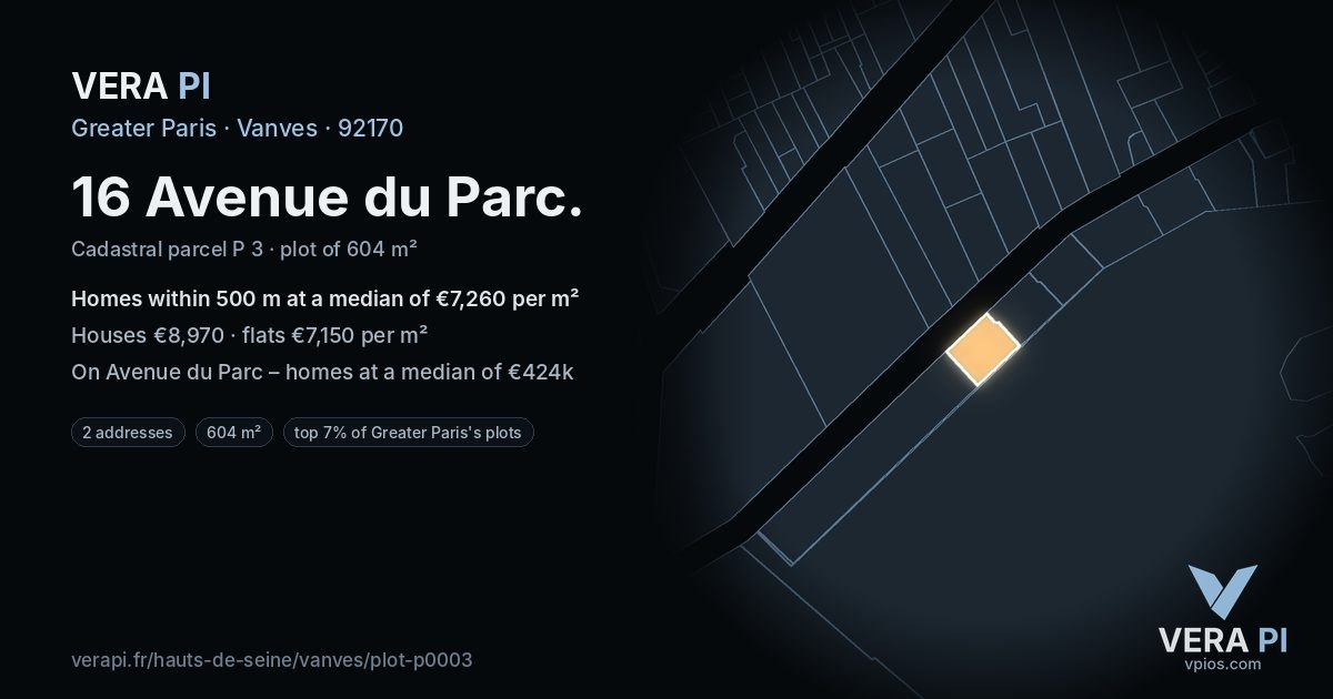 16 Avenue du Parc, Vanves at night – the plot lit, the parcels around coloured by the prices near them