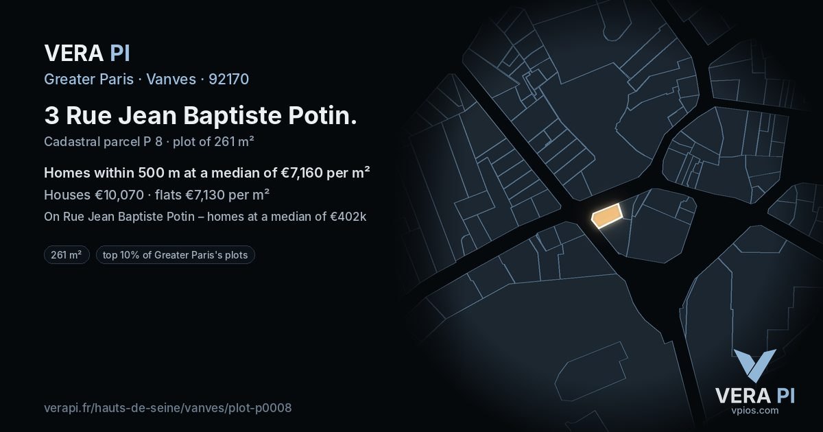 3 Rue Jean Baptiste Potin, Vanves at night – the plot lit, the parcels around coloured by the prices near them
