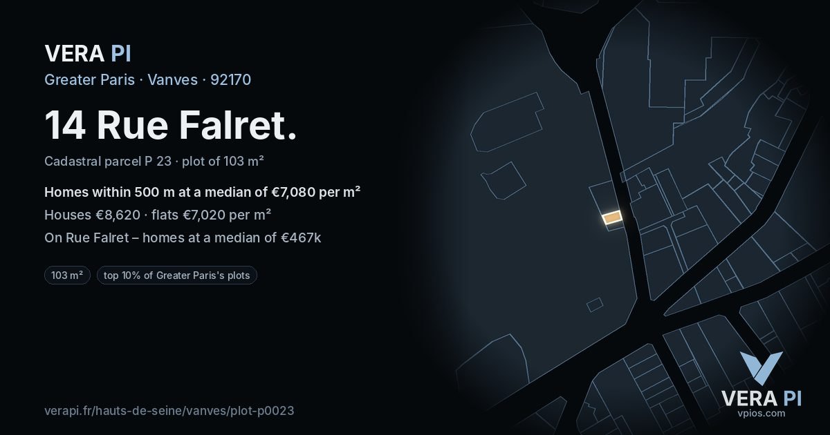 14 Rue Falret, Vanves at night – the plot lit, the parcels around coloured by the prices near them