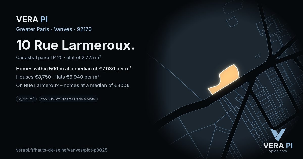 10 Rue Larmeroux, Vanves at night – the plot lit, the parcels around coloured by the prices near them