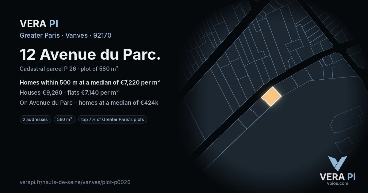 12 Avenue du Parc, Vanves at night – the plot lit, the parcels around coloured by the prices near them